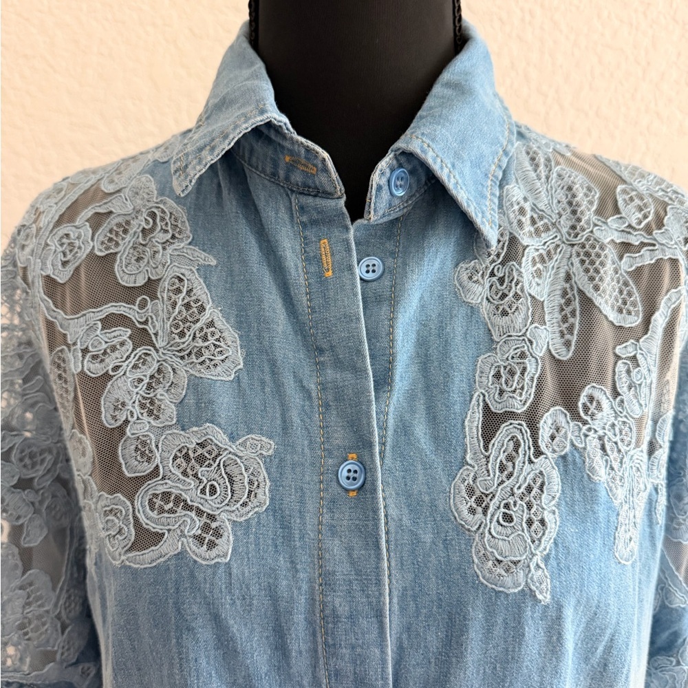 Women’s Oversized Denim Button Up Shirt 100% Cotton | Lace Detail - Picture 2 of 7